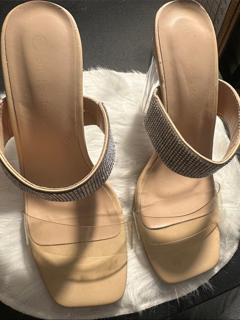 Women's Nude Clear Strap Heeled Sandals with Embellished Band